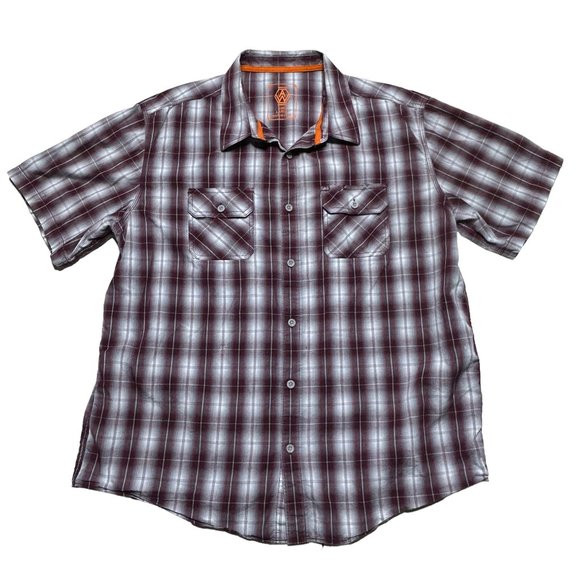 American Worker Shirt Mens Large Plaid Gray Burgundy Short Sleeve Casual - Picture 1 of 8